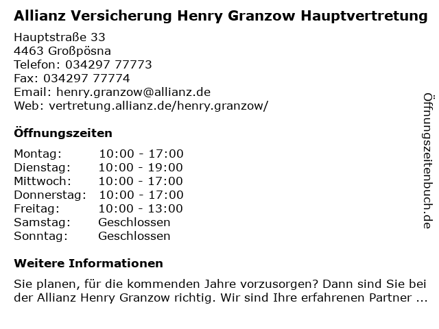 Henry Granzow Allianz Versicherung Hauptvertretung in Großpösna: Adresse und Öffnungszeiten