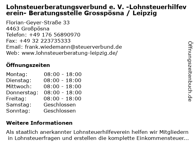 Lohnsteuerberatungsverbund e. V. -Lohnsteuerhilfeverein- Beratungsstelle Grosspösna / Leipzig in Großpösna: Adresse und Öffnungszeiten