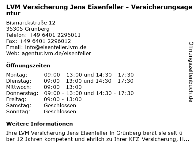 LVM Versicherung Jens Eisenfeller - Versicherungsagentur in Grünberg: Adresse und Öffnungszeiten