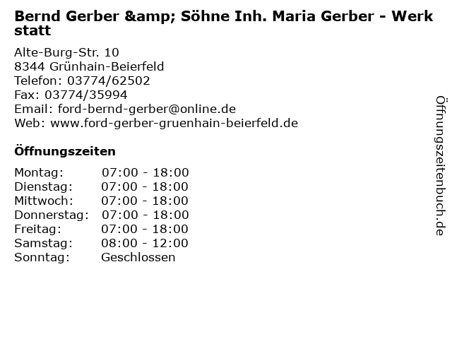 Bernd Gerber & Söhne Inh. Maria Gerber - Werkstatt in Grünhain-Beierfeld: Adresse und Öffnungszeiten