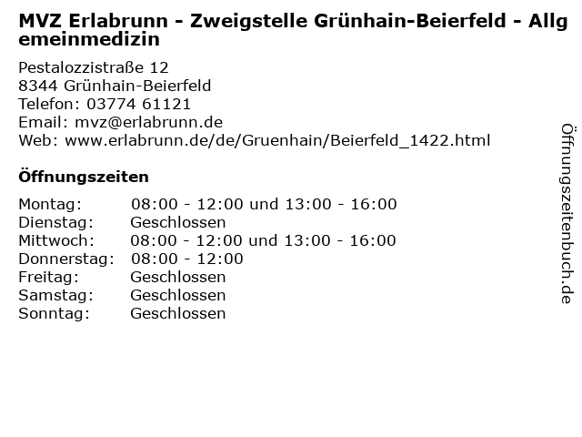 MVZ Erlabrunn - Zweigstelle Grünhain-Beierfeld - Allgemeinmedizin in Grünhain-Beierfeld: Adresse und Öffnungszeiten