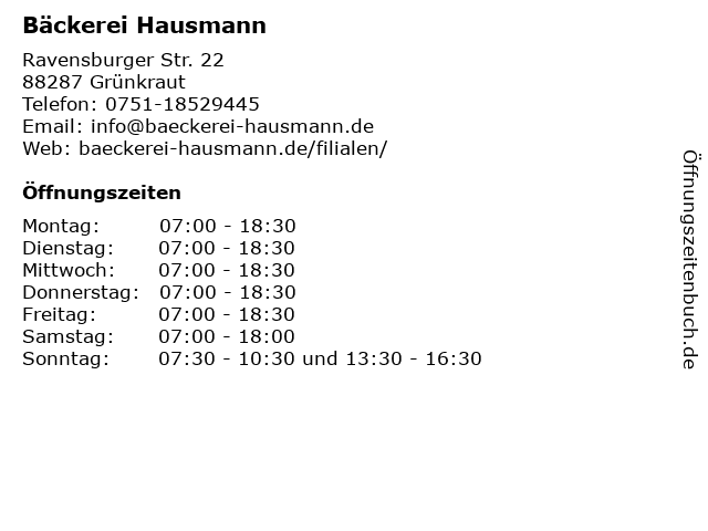 Bäckerei Hausmann in Grünkraut: Adresse und Öffnungszeiten