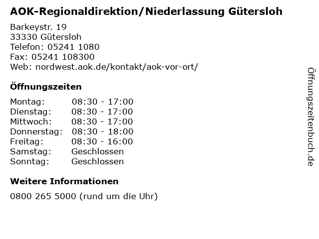 AOK-Regionaldirektion/Niederlassung Gütersloh in Gütersloh: Adresse und Öffnungszeiten