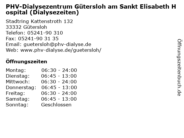 PHV-Dialysezentrum Gütersloh am Sankt Elisabeth Hospital (Dialysezeiten) in Gütersloh: Adresse und Öffnungszeiten