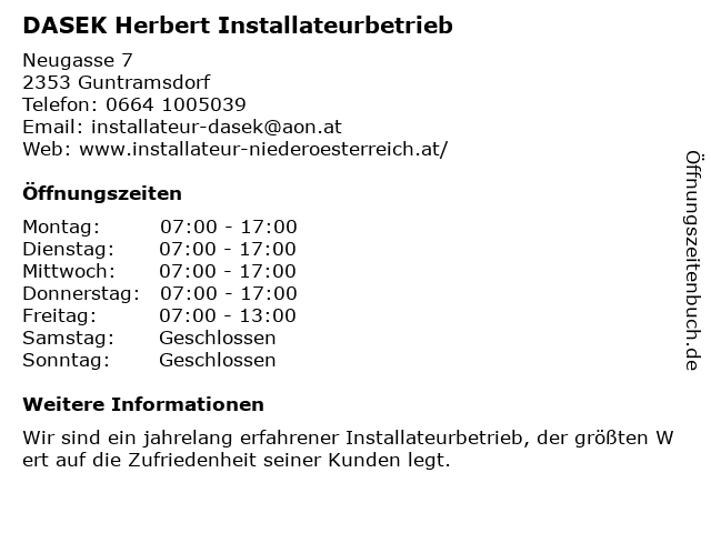 DASEK Herbert Installateurbetrieb in Guntramsdorf: Adresse und Öffnungszeiten