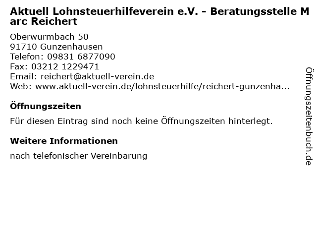 Aktuell Lohnsteuerhilfeverein e.V. - Beratungsstelle Marc Reichert in Gunzenhausen: Adresse und Öffnungszeiten