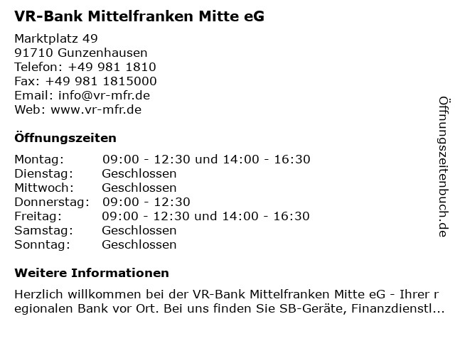 ᐅ Offnungszeiten Vr Bank Mittelfranken West Eg Marktplatz 49