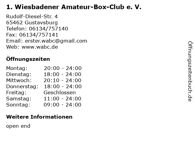 1. Wiesbadener Amateur-Box-Club e. V. in Gustavsburg: Adresse und Öffnungszeiten