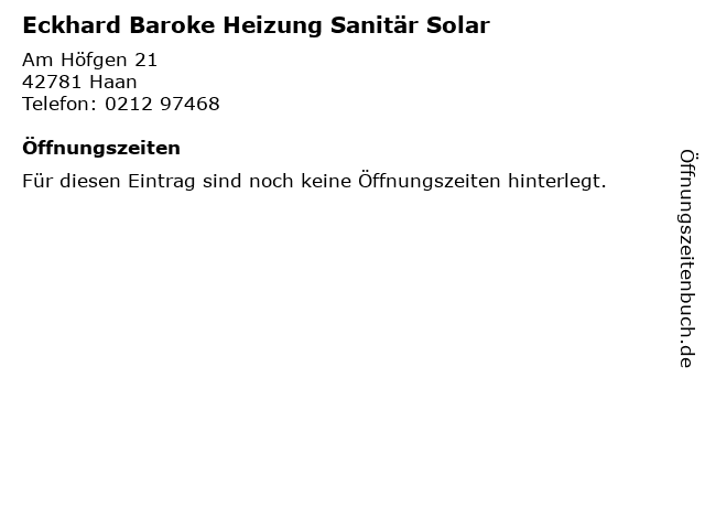 Eckhard Baroke Heizung Sanitär Solar in Haan: Adresse und Öffnungszeiten