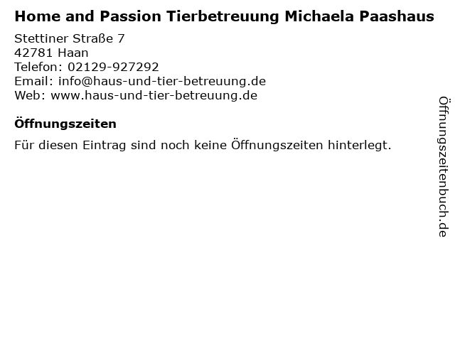 Home and Passion Tierbetreuung Michaela Paashaus in Haan: Adresse und Öffnungszeiten