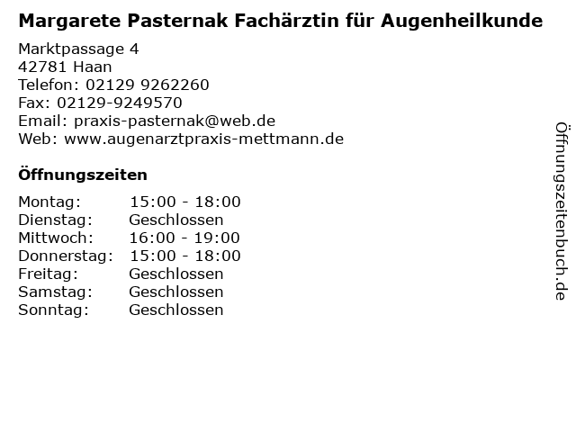 Margarete Pasternak Fachärztin für Augenheilkunde in Haan: Adresse und Öffnungszeiten