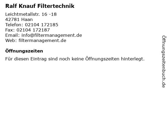 Ralf Knauf Filtertechnik in Haan: Adresse und Öffnungszeiten
