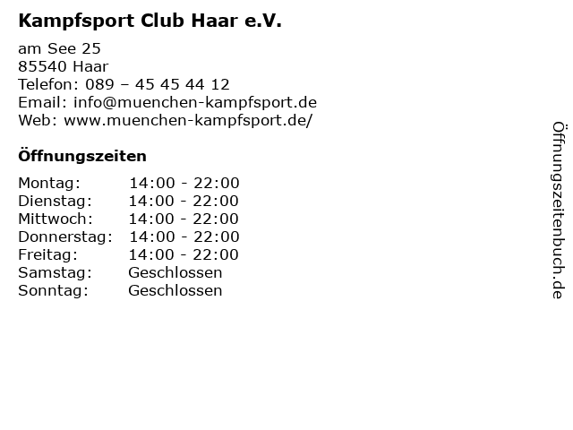 ᐅ Offnungszeiten Kampfsport Club Haar E V Am See 25 In Haar