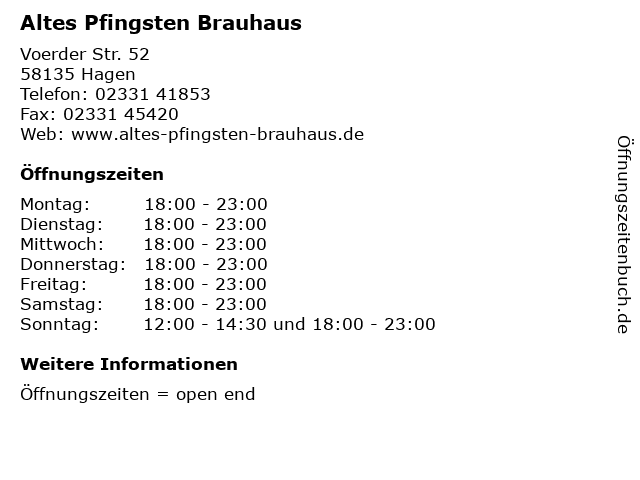 Altes Pfingsten Brauhaus in Hagen: Adresse und Öffnungszeiten
