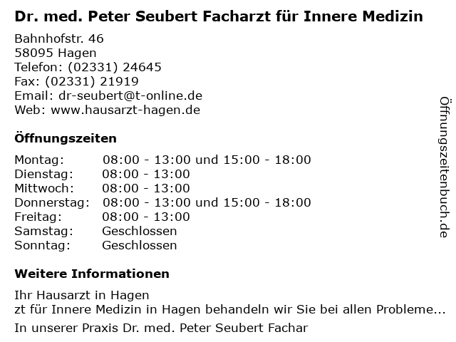 Dr. med. Peter Seubert Facharzt für Innere Medizin in Hagen: Adresse und Öffnungszeiten