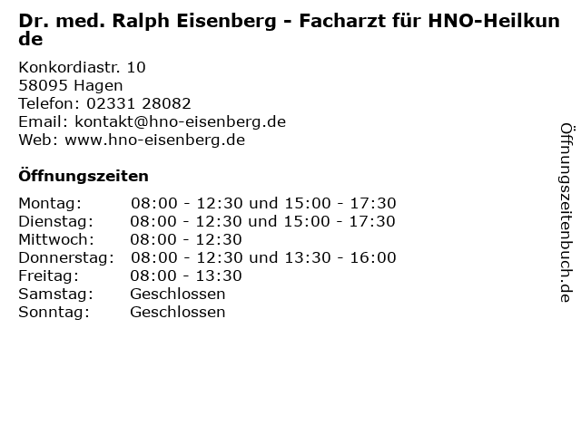 Dr. med. Ralph Eisenberg - Facharzt für HNO-Heilkunde in Hagen: Adresse und Öffnungszeiten
