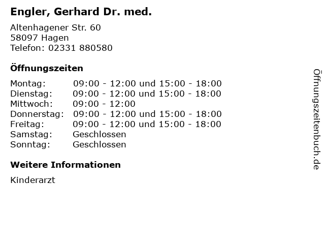 Engler, Gerhard Dr. med. in Hagen: Adresse und Öffnungszeiten