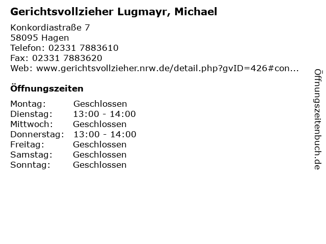 Gerichtsvollzieher Lugmayr, Michael in Hagen: Adresse und Öffnungszeiten