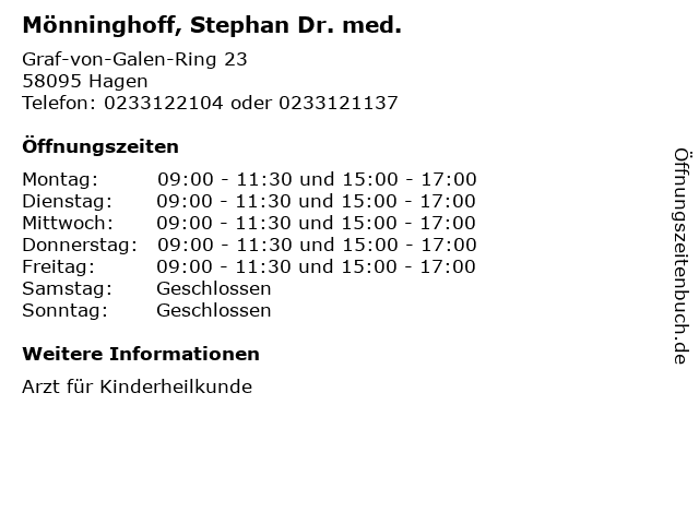 Mönninghoff, Stephan Dr. med. in Hagen: Adresse und Öffnungszeiten