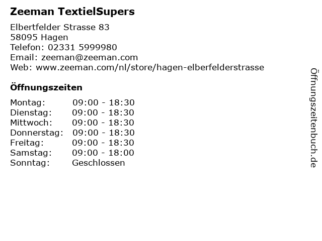Zeeman TextielSupers in Hagen: Adresse und Öffnungszeiten