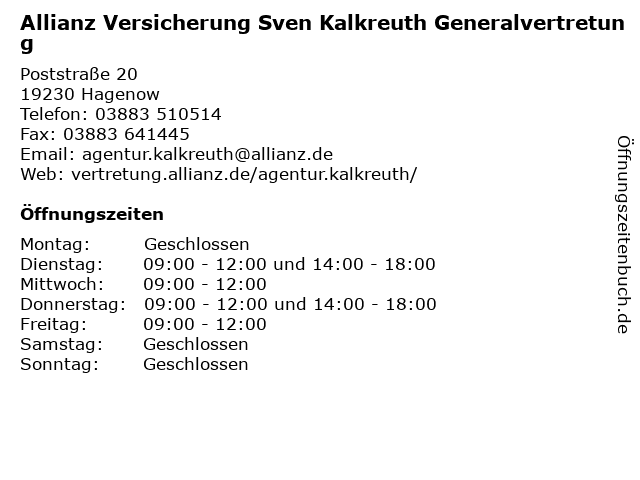 ᐅ Offnungszeiten Allianz Versicherung Generalvertretung Sven Kalkreuth Poststr In Hagenow