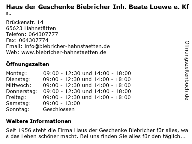 Haus der Geschenke Biebricher Inh. Beate Loewe e. Kfr. in Hahnstätten: Adresse und Öffnungszeiten