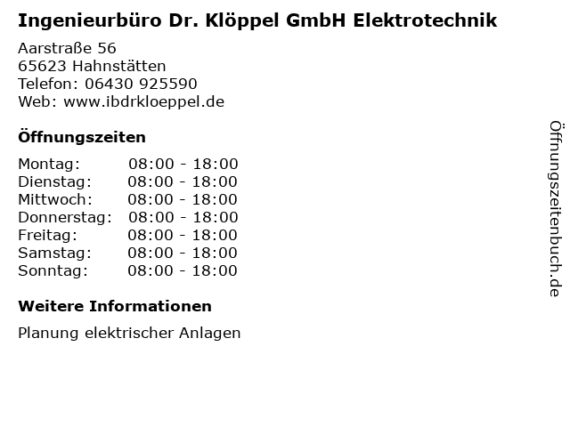 Ingenieurbüro Dr. Klöppel GmbH Elektrotechnik in Hahnstätten: Adresse und Öffnungszeiten