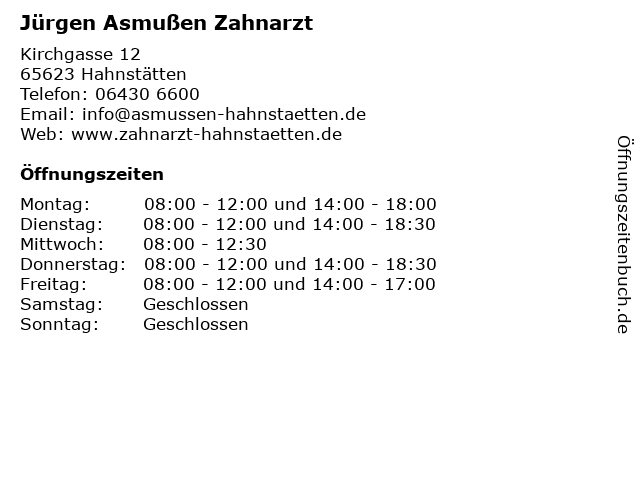 Jürgen Asmußen Zahnarzt in Hahnstätten: Adresse und Öffnungszeiten