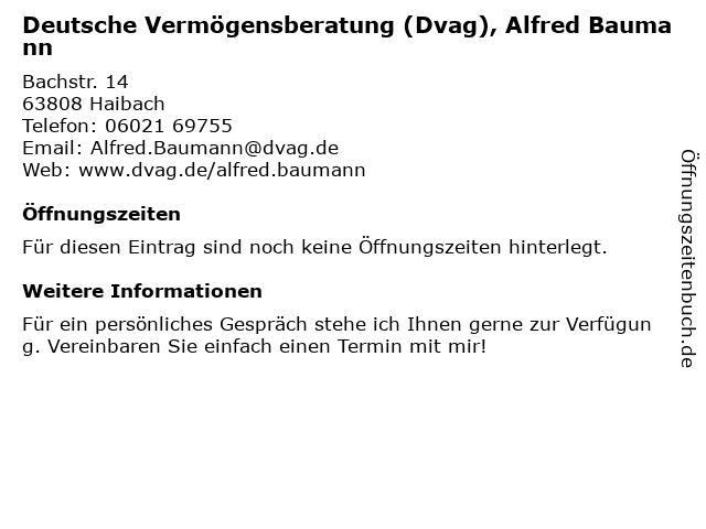 Deutsche Vermögensberatung (Dvag), Alfred Baumann in Haibach: Adresse und Öffnungszeiten