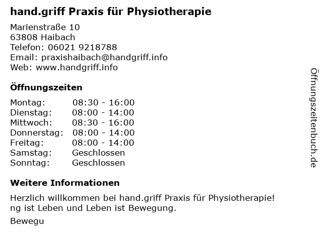 hand.griff Praxis für Physiotherapie in Haibach: Adresse und Öffnungszeiten