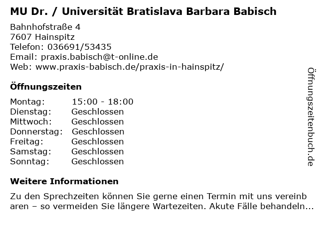 MU Dr. / Universität Bratislava Barbara Babisch in Hainspitz: Adresse und Öffnungszeiten