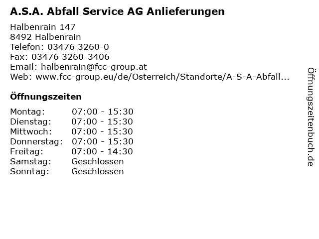 A.S.A. Abfall Service AG Anlieferungen in Halbenrain: Adresse und Öffnungszeiten