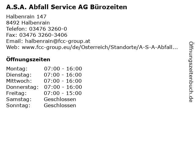 A.S.A. Abfall Service AG Bürozeiten in Halbenrain: Adresse und Öffnungszeiten