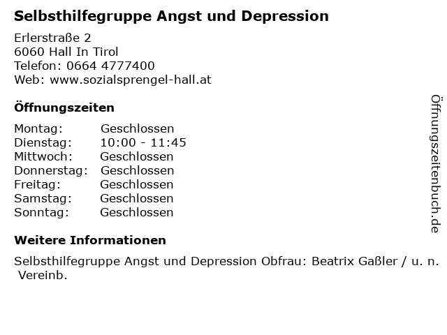 Selbsthilfegruppe Angst und Depression in Hall In Tirol: Adresse und Öffnungszeiten