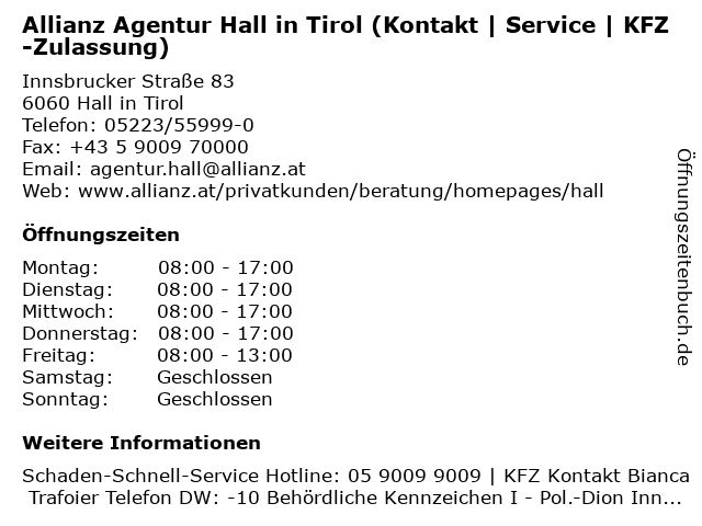 Allianz Agentur Hall in Tirol (Kontakt | Service | KFZ-Zulassung) in Hall in Tirol: Adresse und Öffnungszeiten