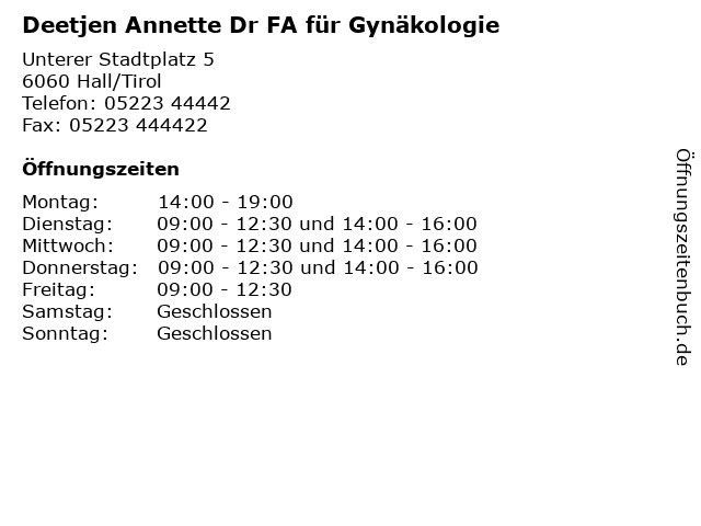 Deetjen Annette Dr FA für Gynäkologie in Hall/Tirol: Adresse und Öffnungszeiten