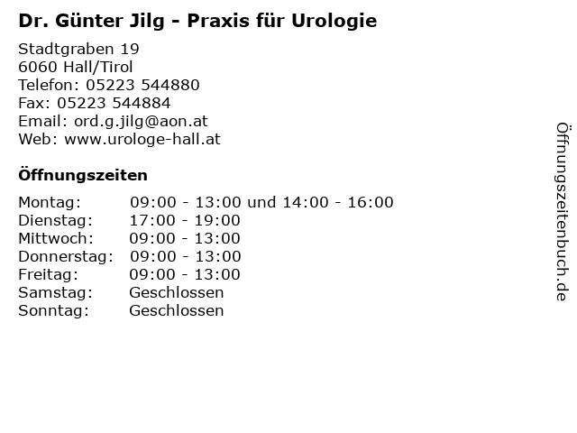 Dr. Günter Jilg - Praxis für Urologie in Hall/Tirol: Adresse und Öffnungszeiten