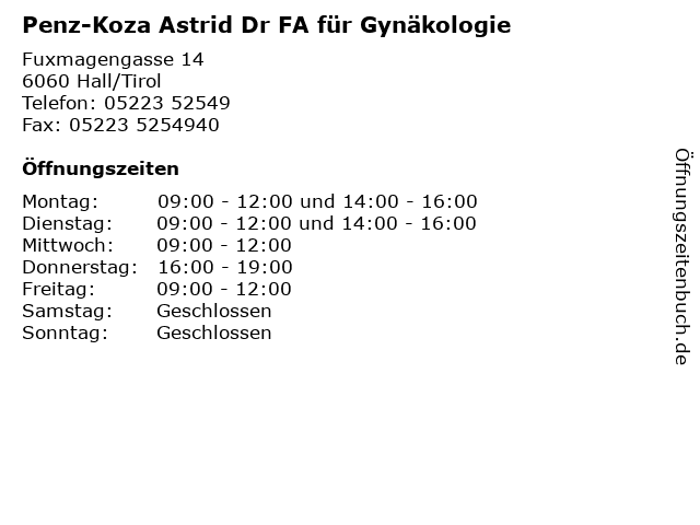 Penz-Koza Astrid Dr FA für Gynäkologie in Hall/Tirol: Adresse und Öffnungszeiten