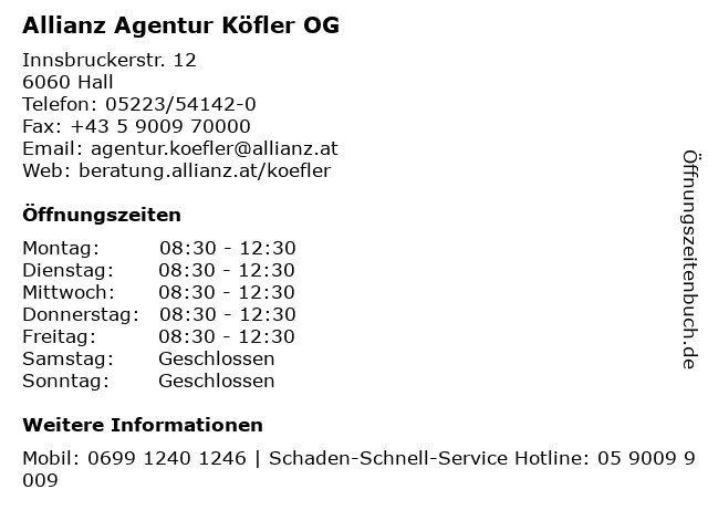 Allianz Agentur Köfler OG in Hall: Adresse und Öffnungszeiten