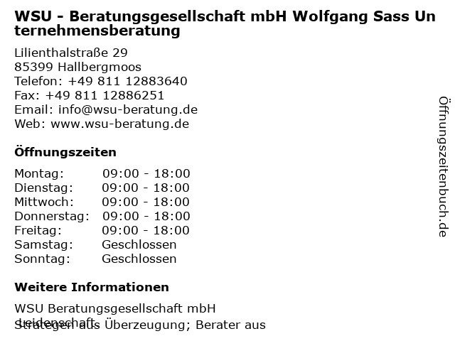 WSU - Beratungsgesellschaft mbH Wolfgang Sass Unternehmensberatung in Hallbergmoos: Adresse und Öffnungszeiten