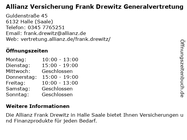 Allianz Versicherung Frank Drewitz Generalvertretung in Halle (Saale): Adresse und Öffnungszeiten