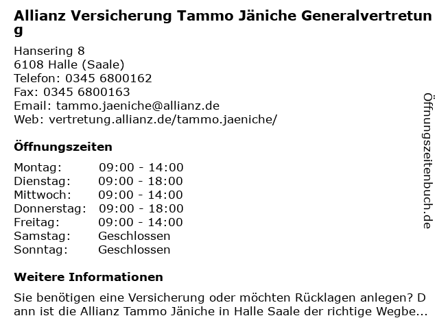 Allianz Versicherung Tammo Jäniche Generalvertretung in Halle (Saale): Adresse und Öffnungszeiten