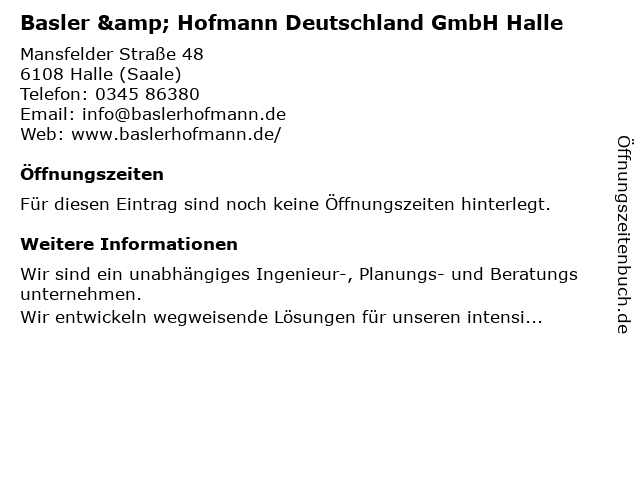 Basler & Hofmann Deutschland GmbH Halle in Halle (Saale): Adresse und Öffnungszeiten