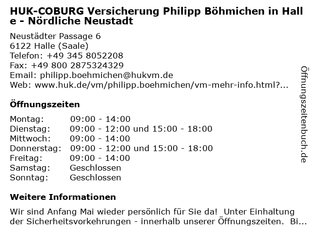 HUK-COBURG Versicherung Philipp Böhmichen in Halle - Nördliche Neustadt in Halle (Saale): Adresse und Öffnungszeiten