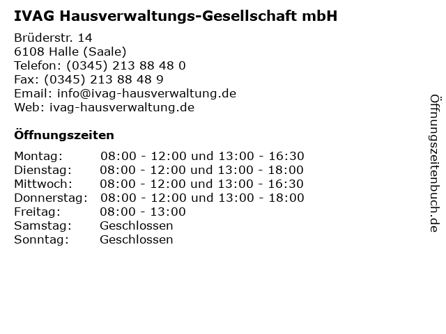 IVAG Hausverwaltungs-Gesellschaft mbH in Halle (Saale): Adresse und Öffnungszeiten