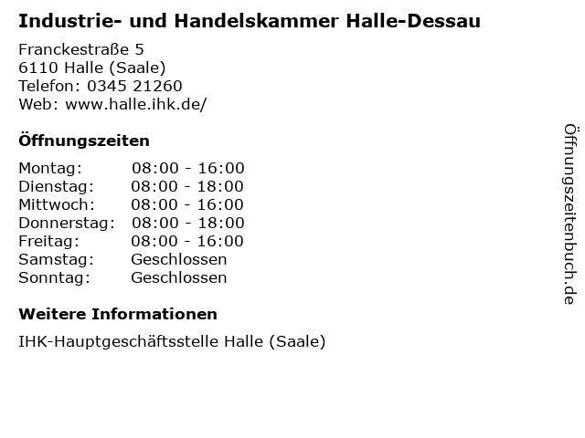 Industrie- und Handelskammer Halle-Dessau in Halle (Saale): Adresse und Öffnungszeiten