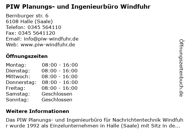 PIW Planungs- und Ingenieurbüro Windfuhr in Halle (Saale): Adresse und Öffnungszeiten