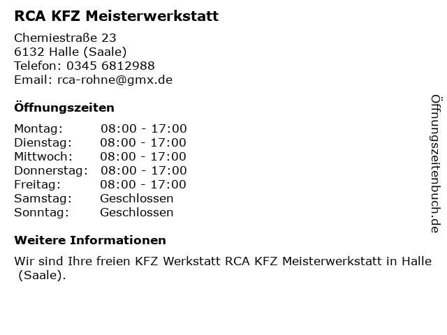 RCA KFZ Meisterwerkstatt in Halle (Saale): Adresse und Öffnungszeiten