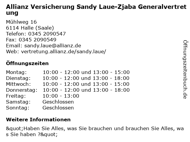 Allianz Versicherung Sandy Laue-Zjaba Generalvertretung in Halle Saale: Adresse und Öffnungszeiten