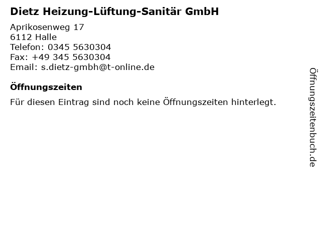Dietz Heizung-Lüftung-Sanitär GmbH in Halle: Adresse und Öffnungszeiten
